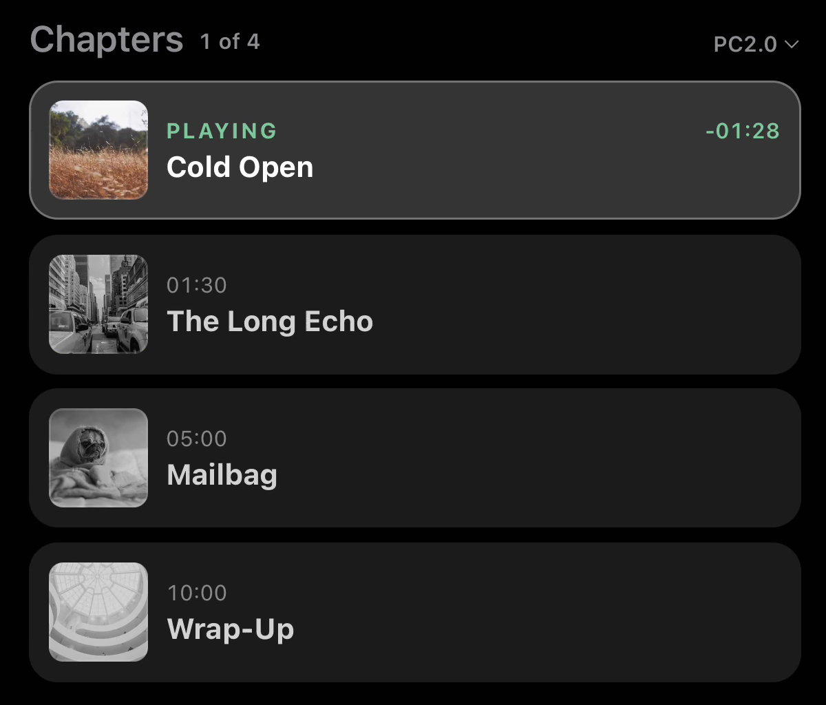 Chapter list with art and times